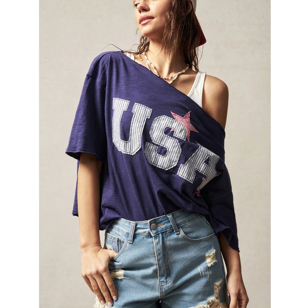 100% Cotton USA Navy Blue Oversized Boat Cut Neck Tee Shirt - Picture 7 of 8
